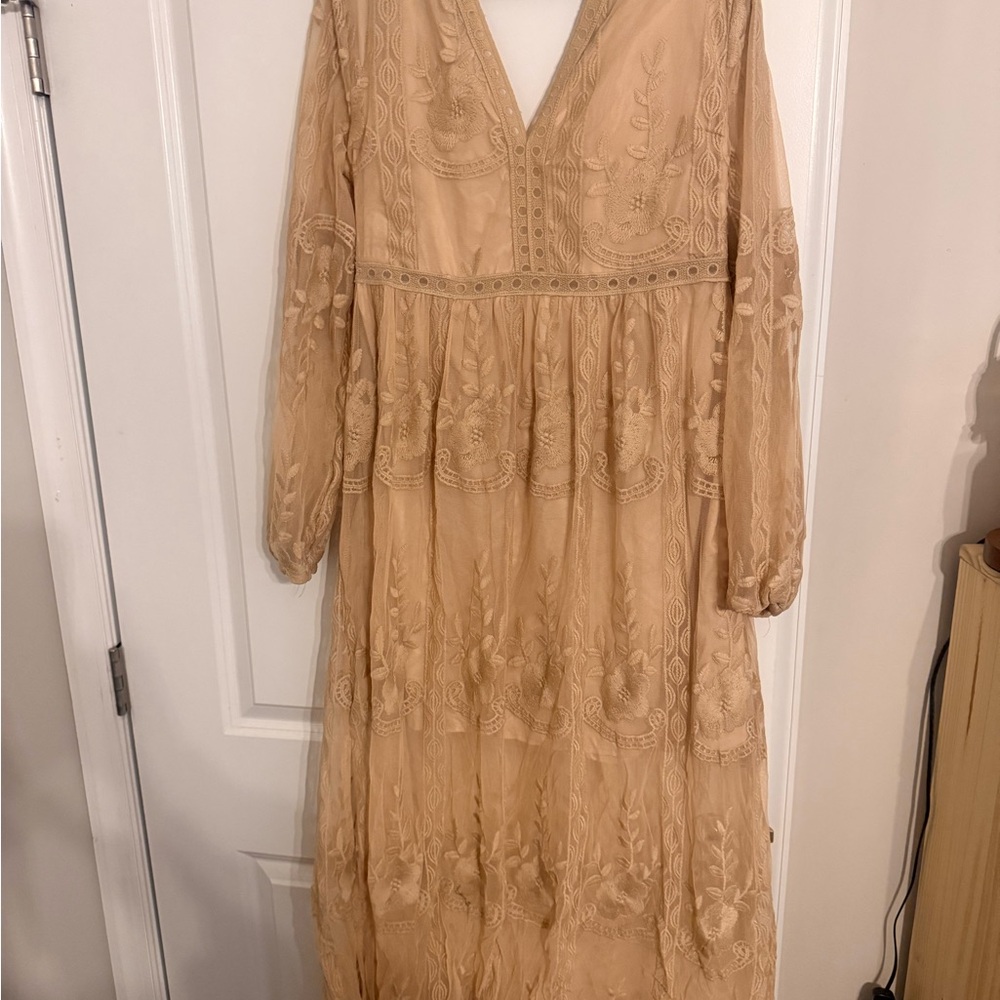 Elegant Beige Embroidered Maxi Dress